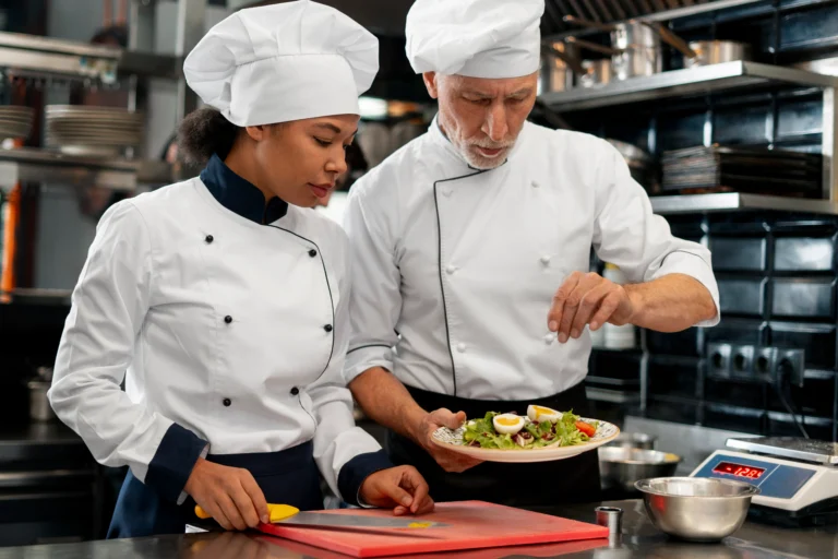 medium shot professional chefs working together